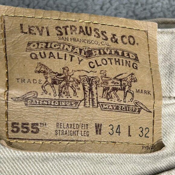 Levis 555 Jeans Mens 34x29.5 Tan Khaki Relaxed Fit Straight Leg Orange Tab USA - Picture 4 of 16